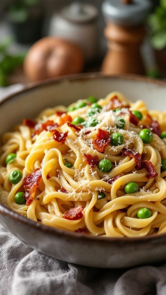 A bowl of Smoky Bacon and Pea Pasta topped with crispy bacon and green peas.