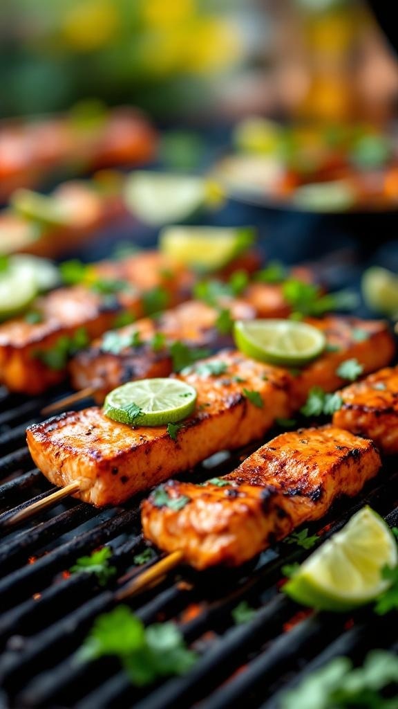 Grilled salmon skewers with lime and cilantro on a barbecue grill.