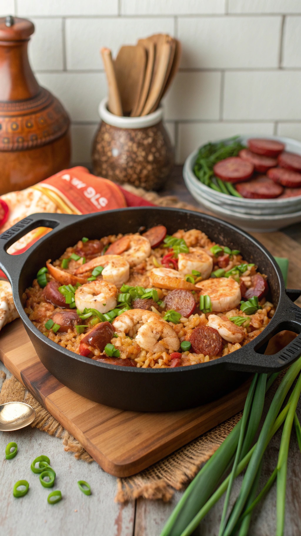 A pot of smoky jambalaya with shrimp, sausage, and green onions on a wooden board.