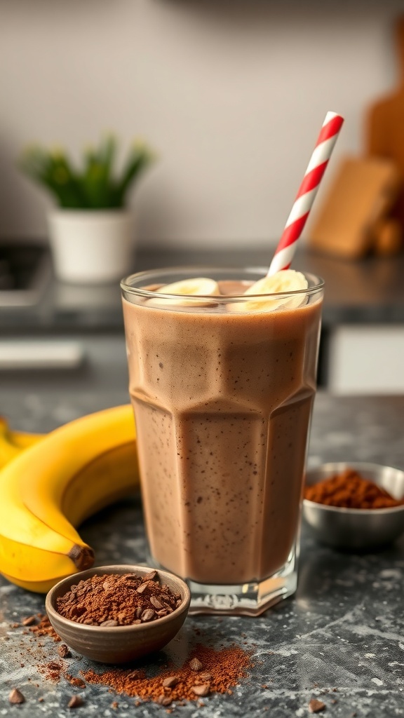 A glass of chocolate banana smoothie with a red and white striped straw, surrounded by bananas and cocoa powder.
