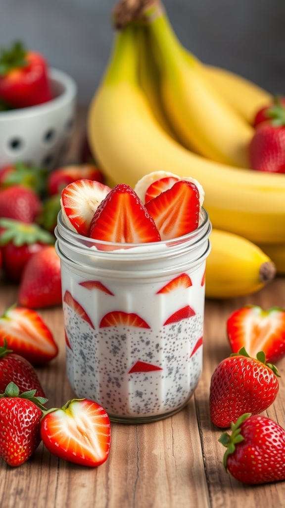 A jar of chia seed pudding layered with fresh strawberries and bananas, surrounded by more strawberries and a bunch of bananas.