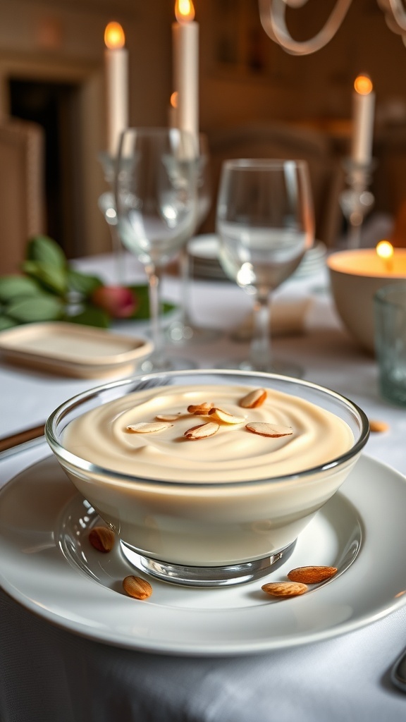 A bowl of smooth vanilla almond pudding topped with sliced almonds, set on a beautifully arranged table with candles and glasses.