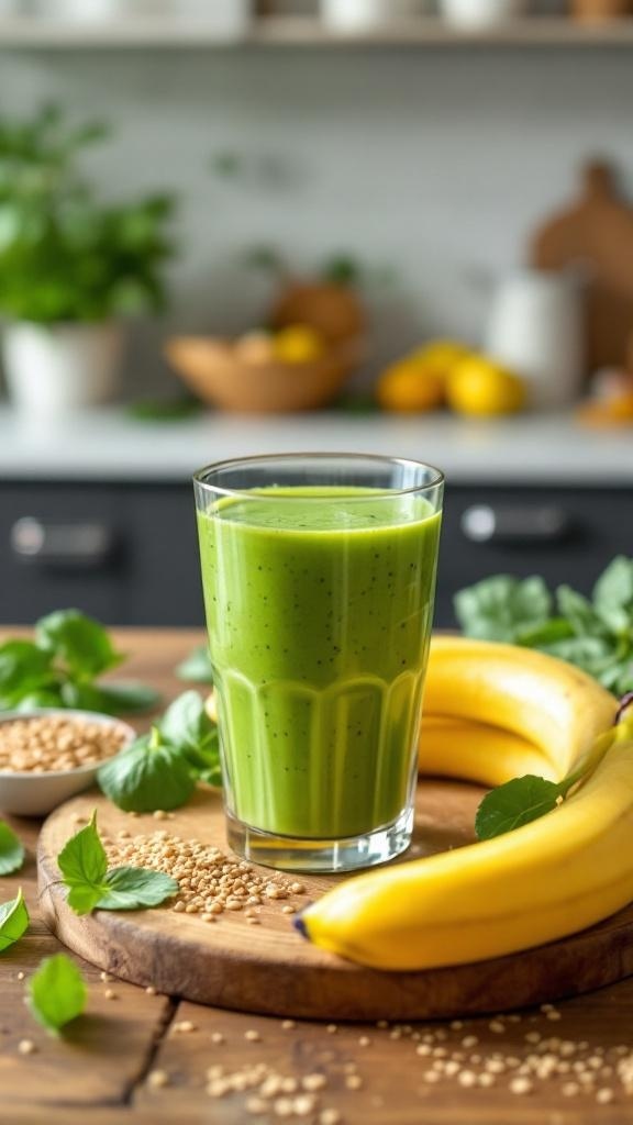 A refreshing green smoothie made with spinach, banana, and flaxseeds, served in a tall glass with bananas and flaxseeds on a wooden board.