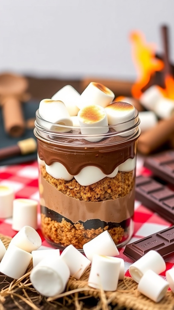 S'Mores Cheesecake Jars with layers of graham cracker, chocolate, and marshmallows