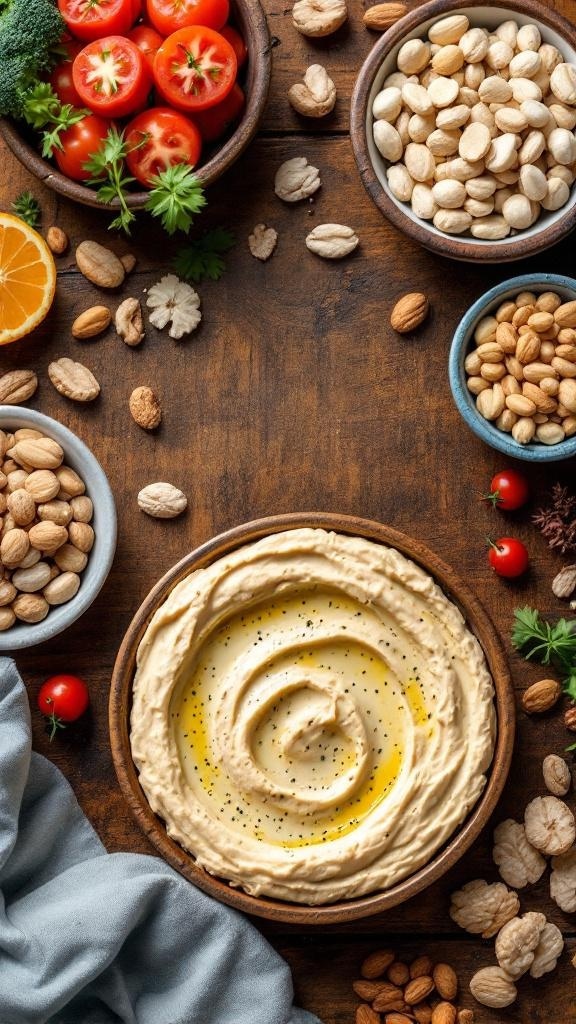 A variety of healthy snacks including hummus, nuts, and cherry tomatoes on a wooden table.
