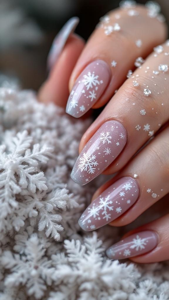 A hand with snowflake designs on the nails against a light background.