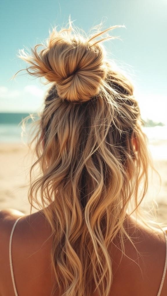 A woman with a messy sock bun and loose waves, standing on a beach with a clear sky.