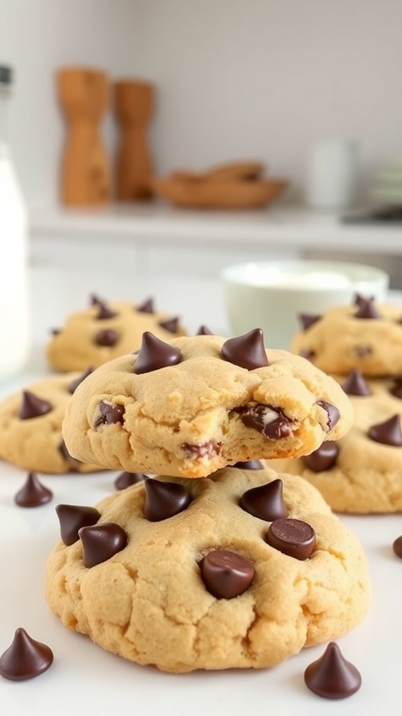 Soft and chewy keto chocolate chip cookies with chocolate chips on a white surface.