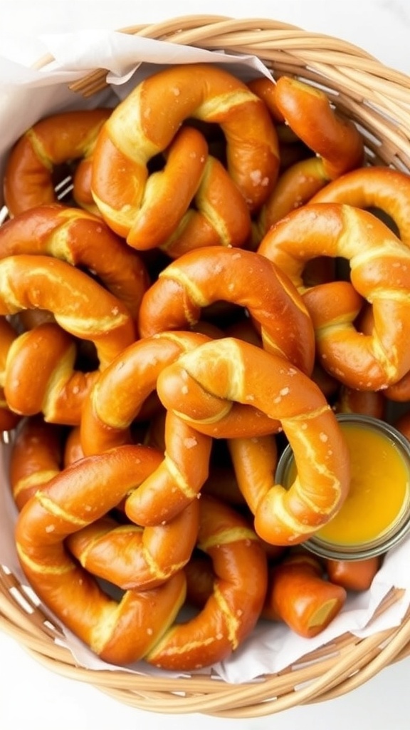 A basket filled with soft pretzels, golden brown and twisted, ready for snacking.