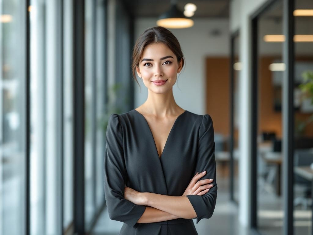 A woman in a dark midi dress standing confidently in an office setting.