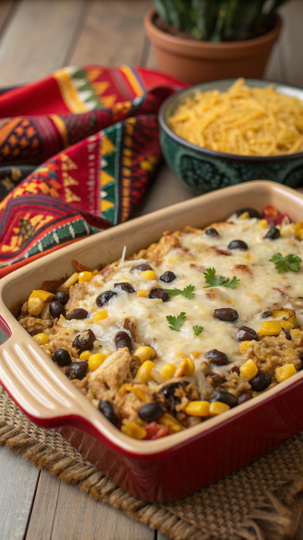 A colorful Southwestern Chicken and Rice Casserole topped with melted cheese, surrounded by vibrant ingredients.