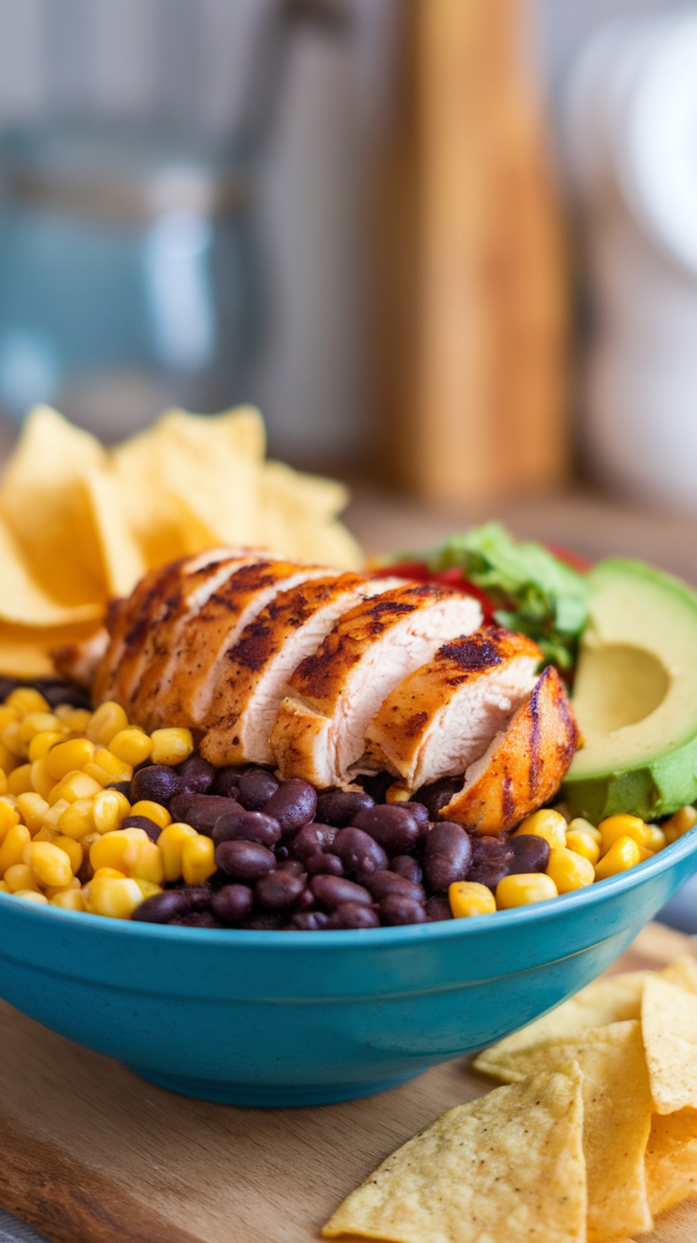 A colorful Southwestern Chicken Bowl with grilled chicken, black beans, corn, avocado, and tortilla chips.