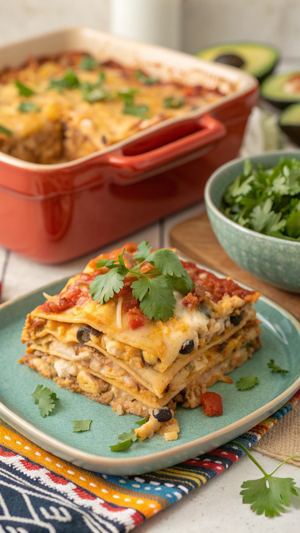 A delicious Southwestern Chicken Tortilla Casserole served on a plate with fresh cilantro.