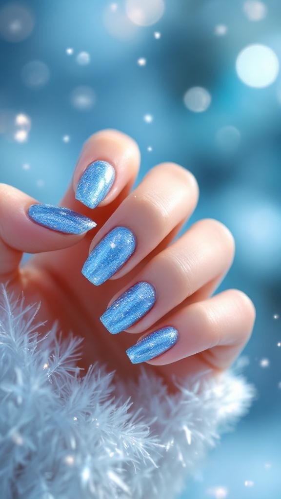 A close-up of a hand with sparkling blue nails, featuring a glossy finish and silver accents, set against a soft blue background.