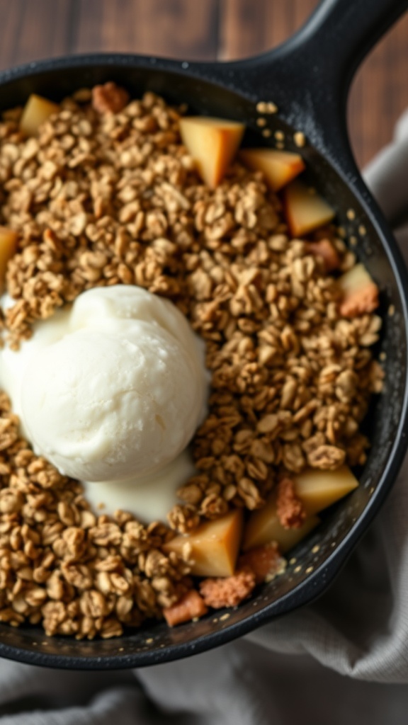 A delicious apple crisp topped with vanilla ice cream in a skillet.