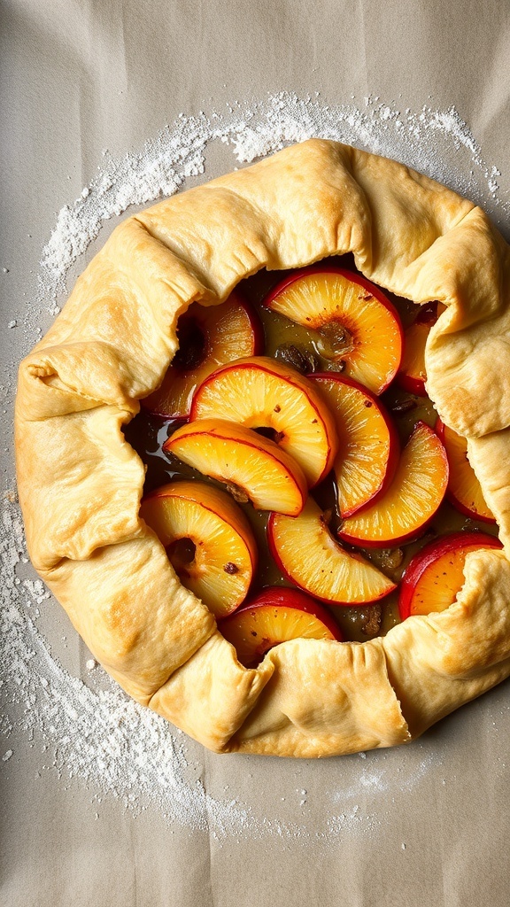 A freshly baked apple galette with sliced apples peeking through a golden crust, dusted with flour.