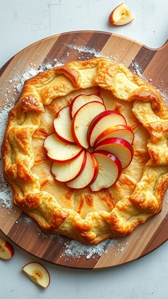 A rustic apple galette with sliced apples on top, resting on a wooden board.