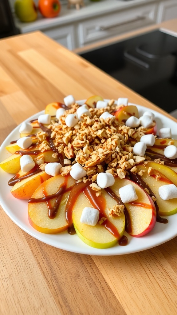 A plate of apple nachos topped with granola, marshmallows, caramel, and chocolate sauce.