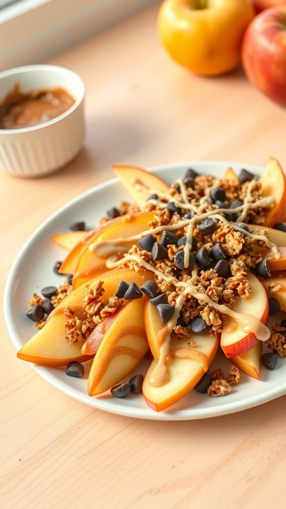 A plate of apple nachos topped with almond butter, granola, and chocolate chips.