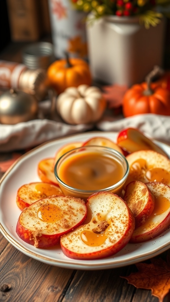 A plate of sliced apples sprinkled with cinnamon sugar, served with caramel sauce.