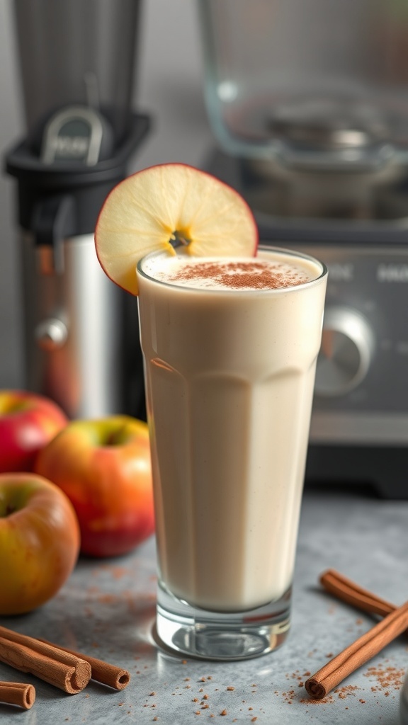 A refreshing apple smoothie in a glass with a slice of apple on top, surrounded by fresh apples and cinnamon sticks.