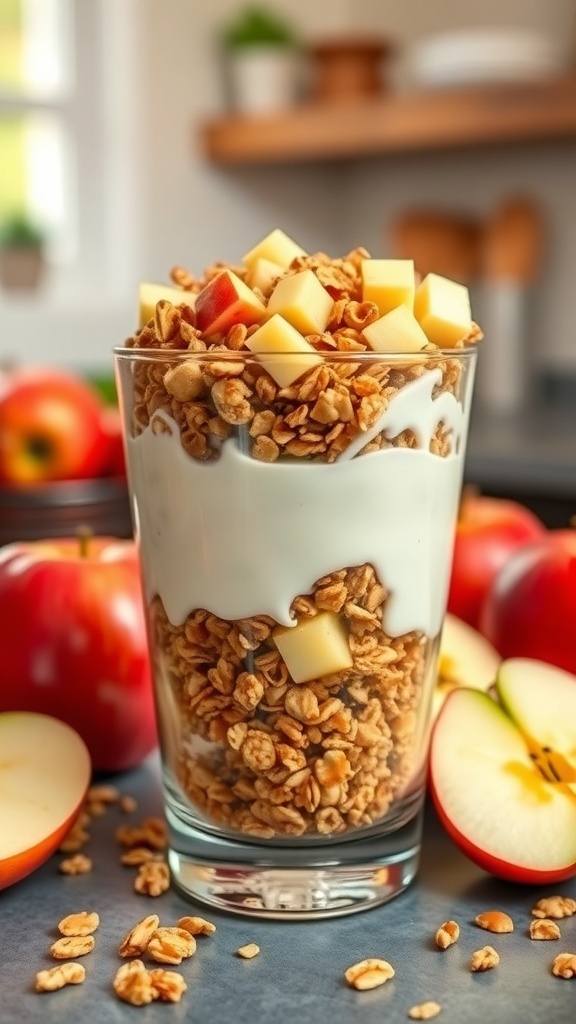A glass of apple yogurt parfait with granola and diced apples, surrounded by fresh apples.