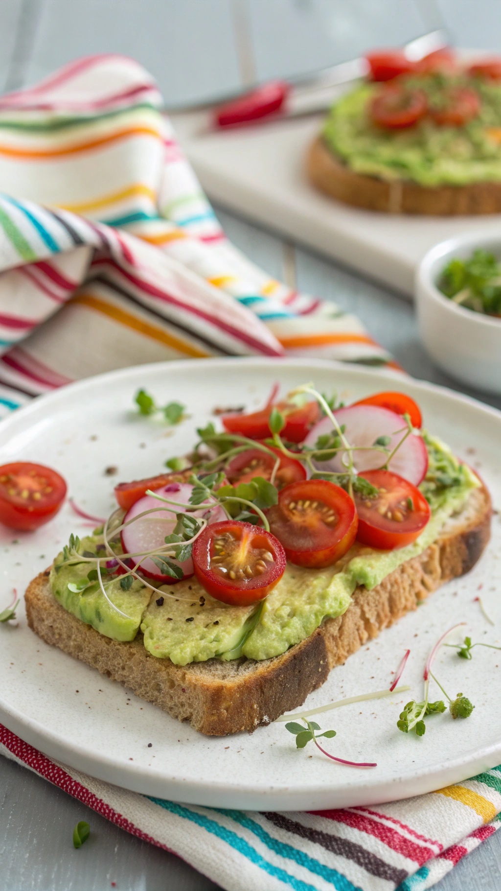 A plate of avocado toast topped with cherry tomatoes and microgreens on a striped cloth.