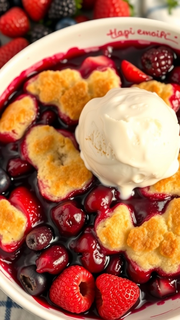 A bowl of berry cobbler topped with a scoop of vanilla ice cream, surrounded by fresh berries.