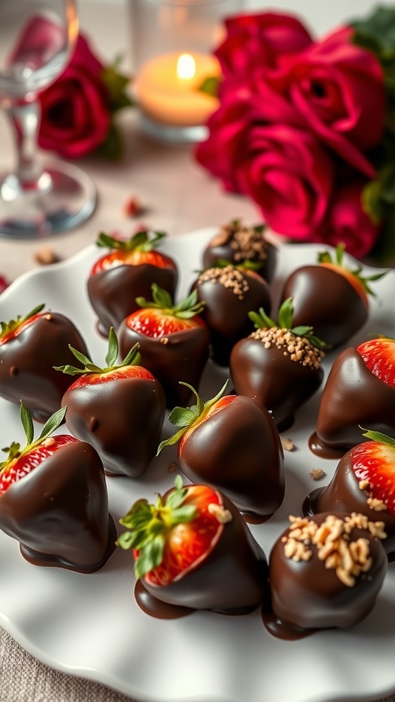 A plate of chocolate-covered strawberries with decorative toppings, surrounded by roses and a candle.