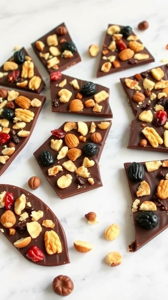 A delicious spread of chocolate bark topped with various nuts and dried fruits.