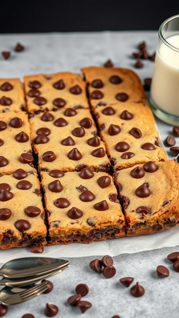 Delicious chocolate chip cookie bars with chocolate chips on top, served with a glass of milk.