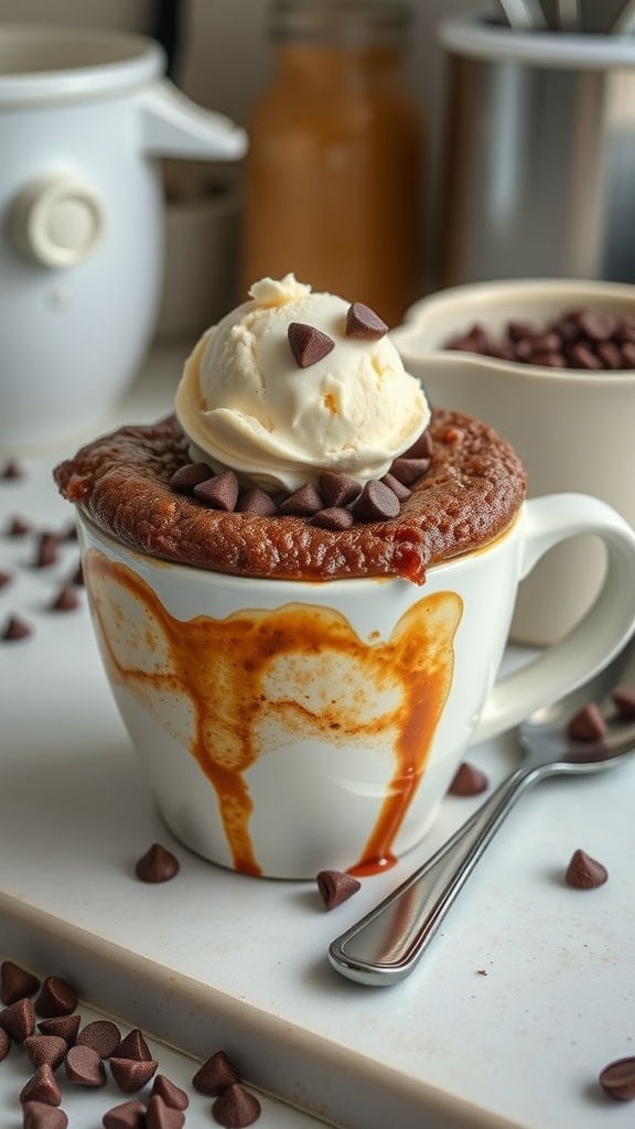 A warm chocolate chip mug cake topped with ice cream and chocolate chips.
