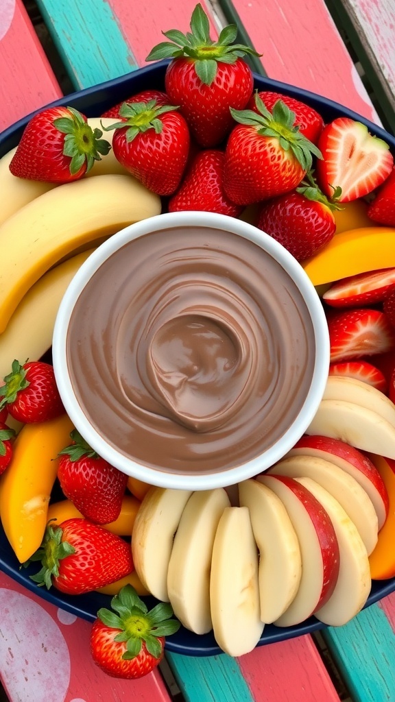 A bowl of chocolate dip surrounded by fresh fruits including strawberries, bananas, and apple slices.