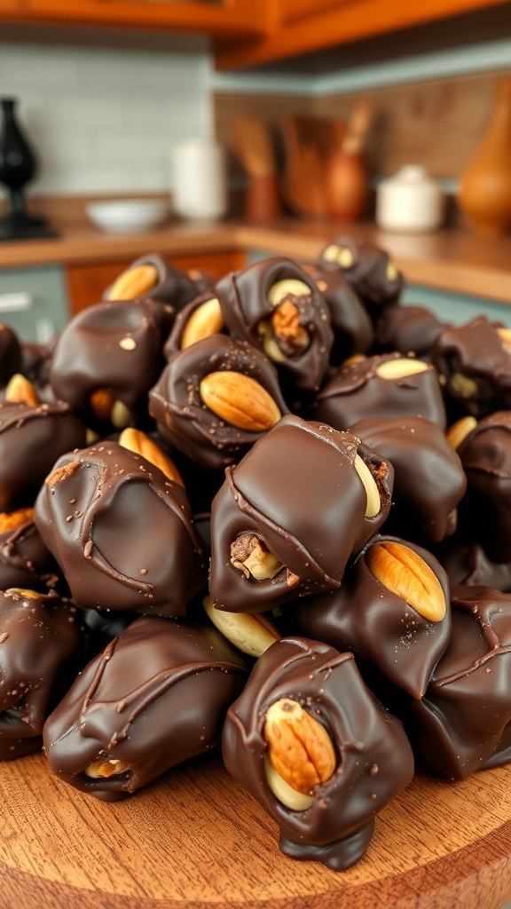 A close-up of chocolate nut clusters piled high on a wooden platter, showcasing their rich chocolate coating and visible nuts.
