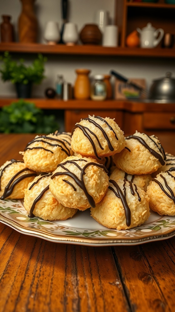 A plate of coconut macaroons drizzled with chocolate on a wooden table.