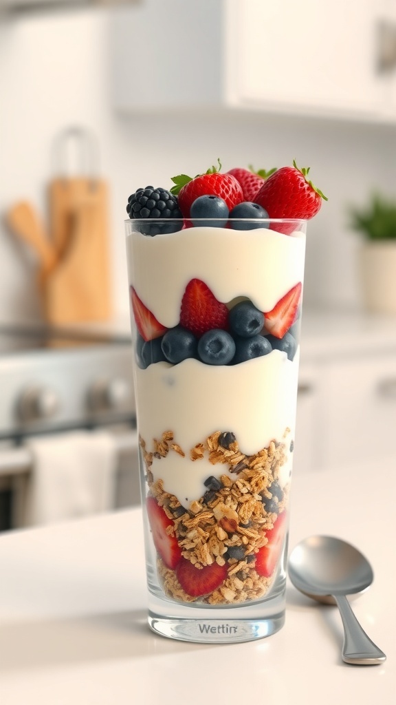 A colorful Greek yogurt parfait with layers of yogurt, granola, and berries in a tall glass.