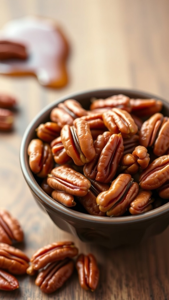A bowl of maple glazed pecans on a wooden surface
