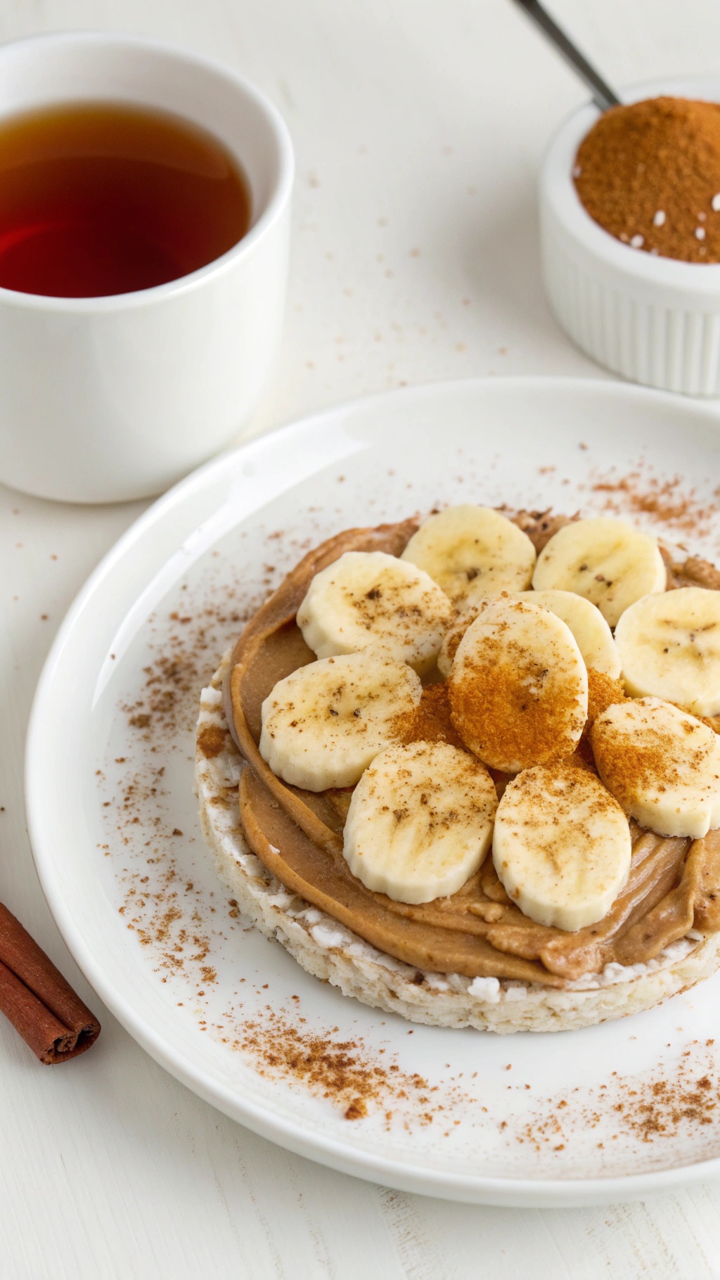A rice cake topped with banana slices and nut butter, served with a cup of tea.