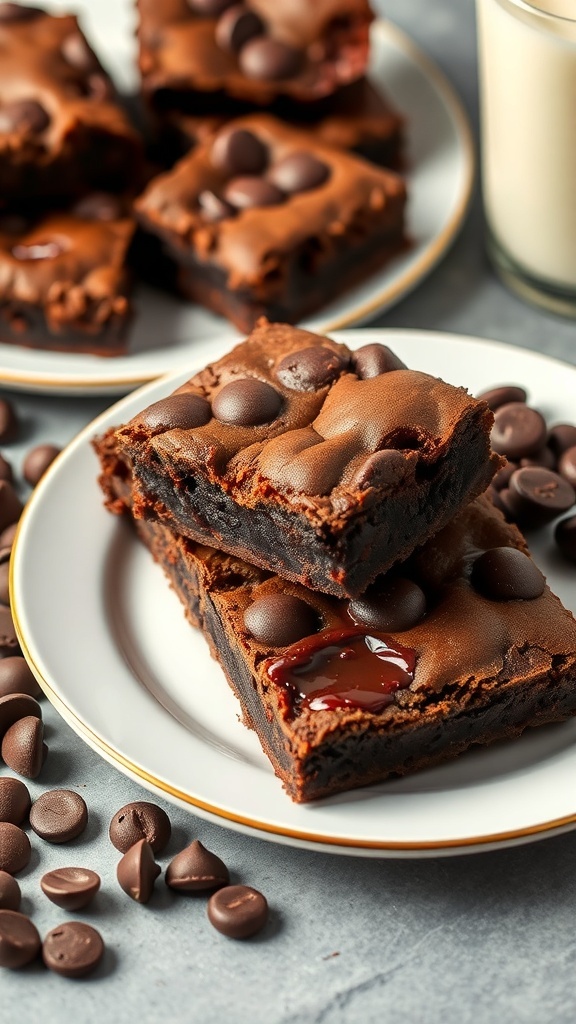 Delicious Nutella brownies stacked on a plate with chocolate chips scattered around