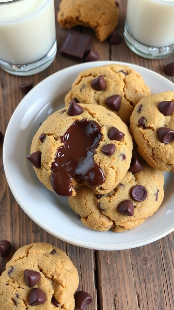 A plate of peanut butter chocolate chip cookies with melted chocolate in the center.