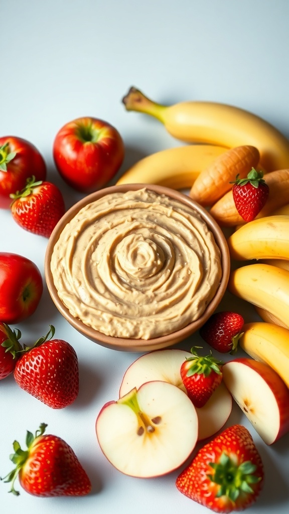 A bowl of creamy peanut butter fruit dip surrounded by fresh strawberries, apple slices, and bananas.