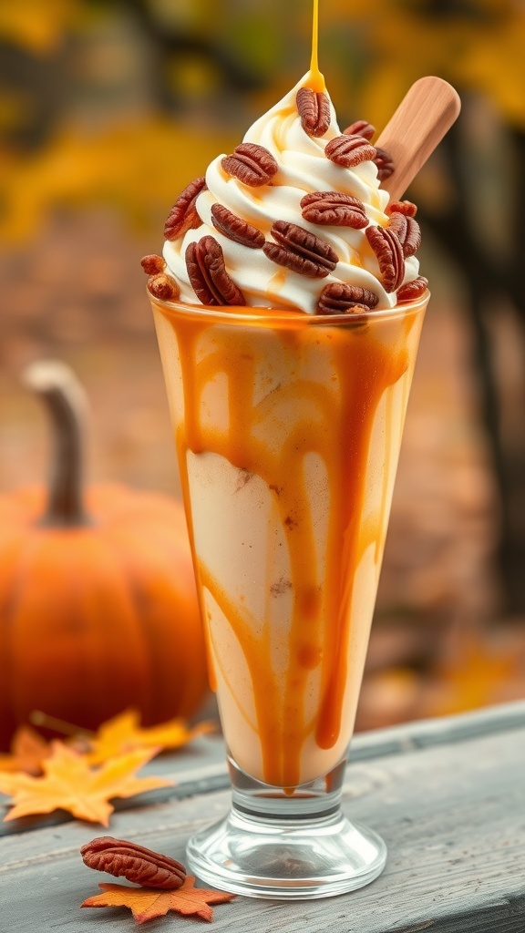 A delicious pumpkin ice cream sundae topped with whipped cream, caramel, and pecans.