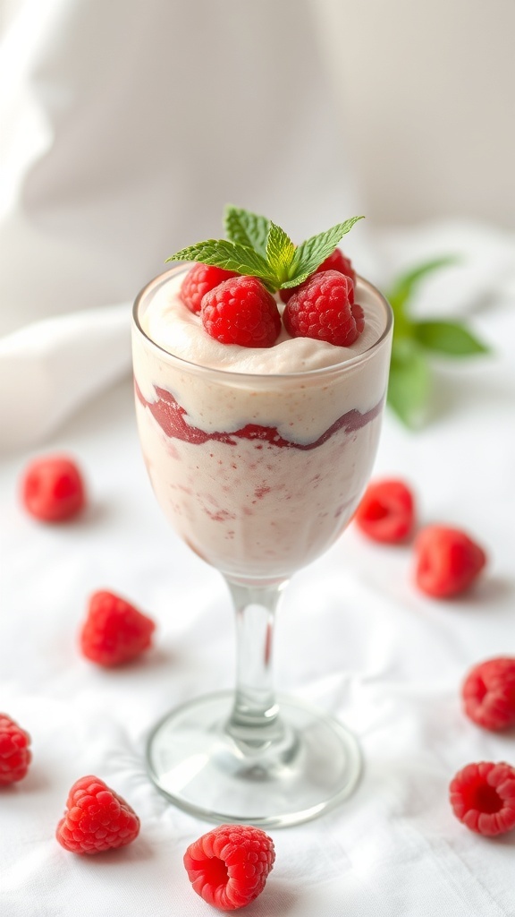 A glass of raspberry mousse topped with fresh raspberries and mint leaves, surrounded by scattered raspberries.