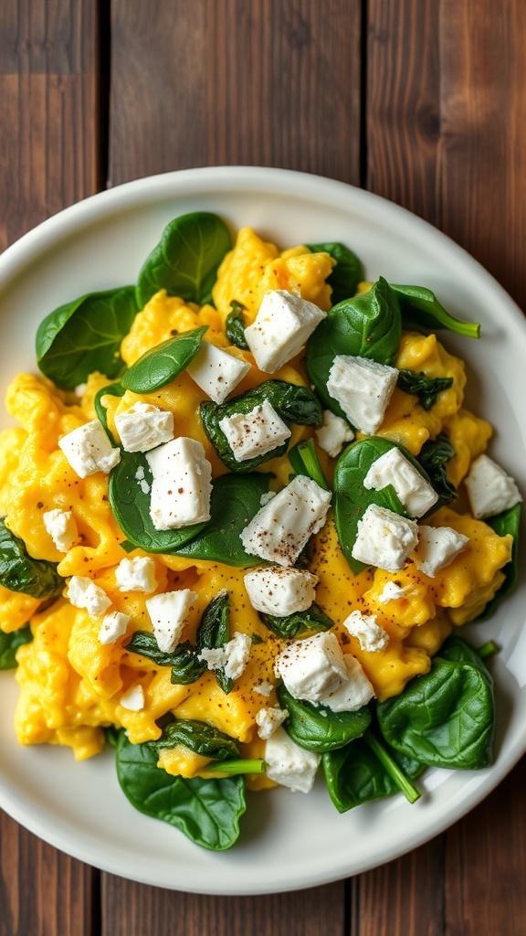 A plate of scrambled eggs with spinach and feta cheese on a wooden table.