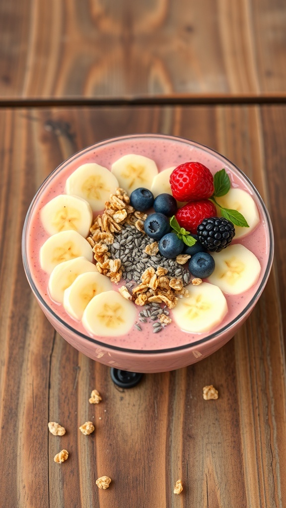 A colorful smoothie bowl topped with banana slices, granola, and berries.