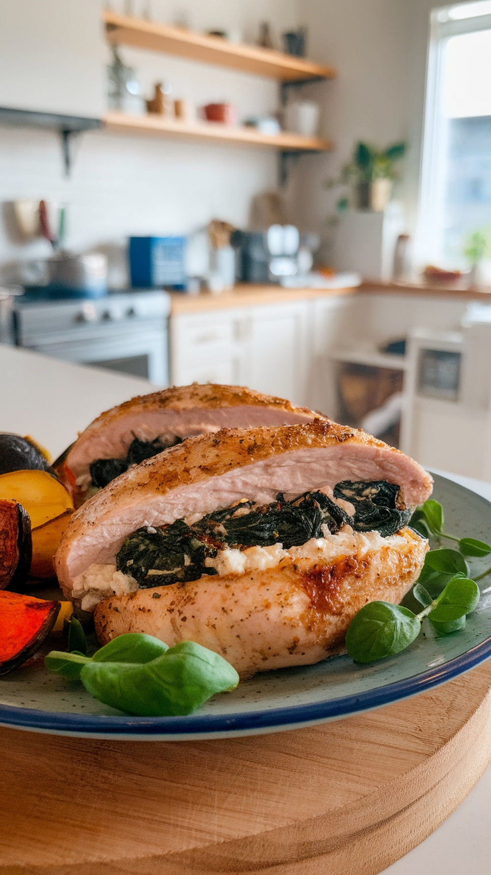 Stuffed chicken breast with spinach and feta on a plate