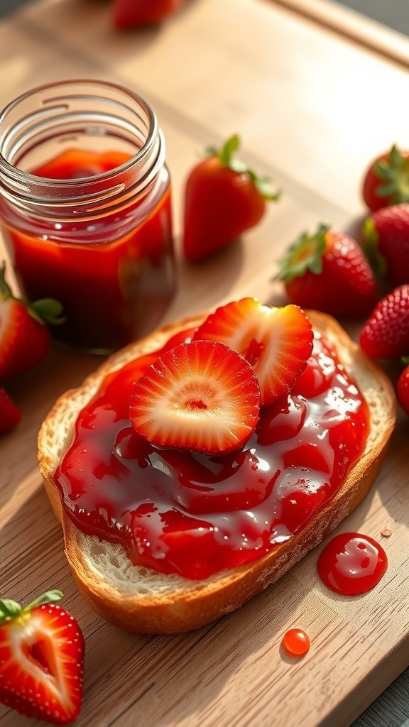 A slice of toast topped with strawberry jam and fresh strawberry slices, with a jar of jam and strawberries in the background.