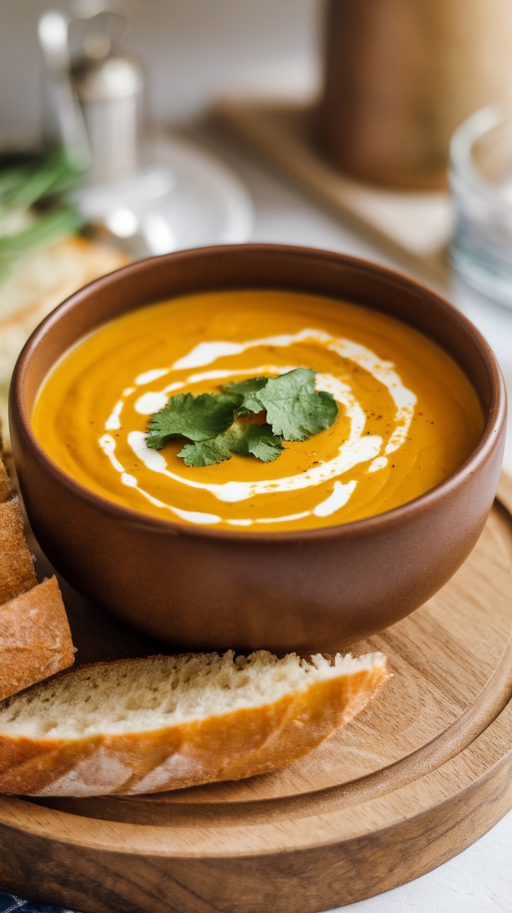 A bowl of curried butternut squash soup garnished with cilantro and a swirl of cream, served with slices of bread.