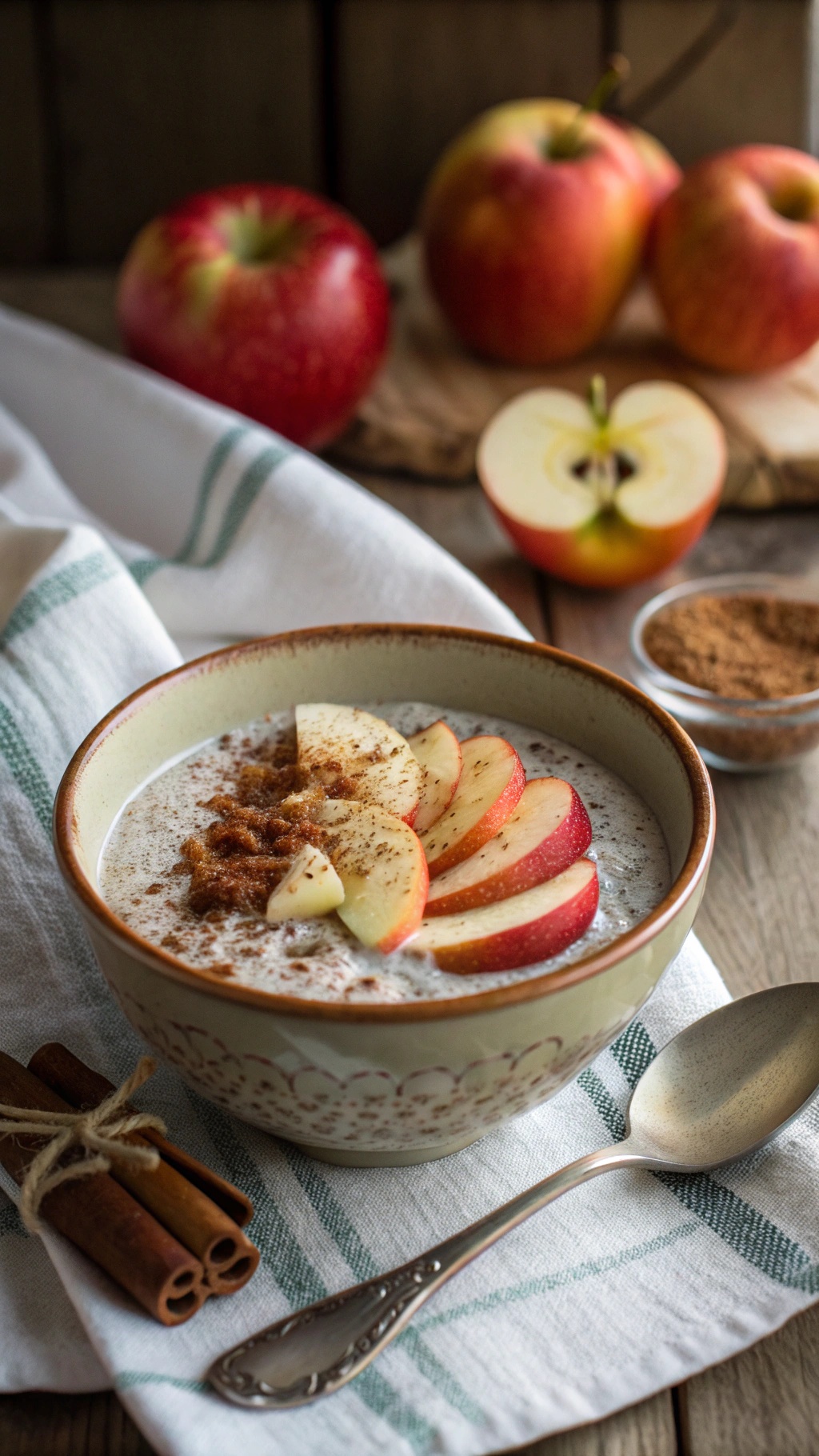 A bowl of spiced apple chia pudding topped with apple slices and cinnamon, with fresh apples in the background.