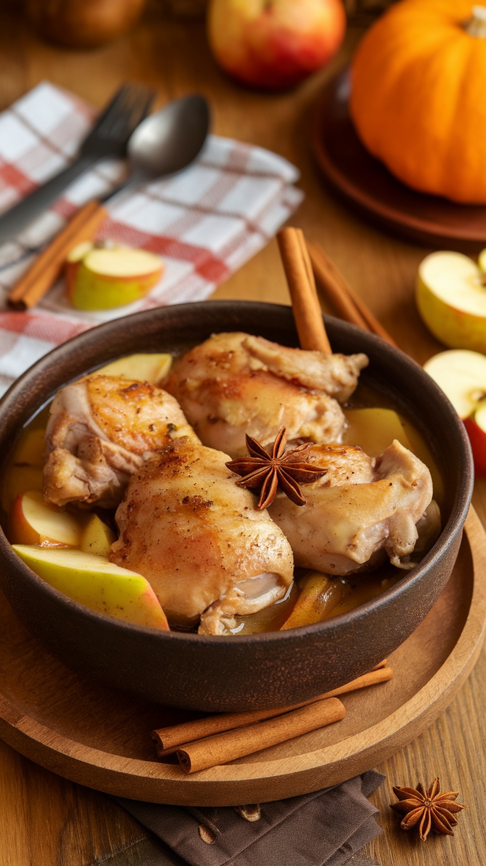 A bowl of spiced apple cider chicken with apple slices and spices, set on a wooden table.